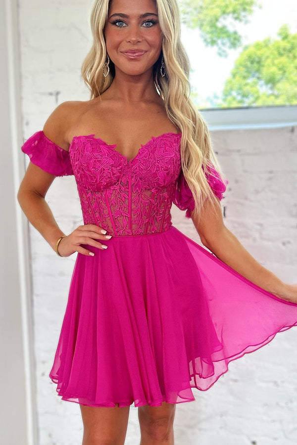 Luolandi A Line Lace Off the Shoulder Homecoming Dress with Appliques Beautiful